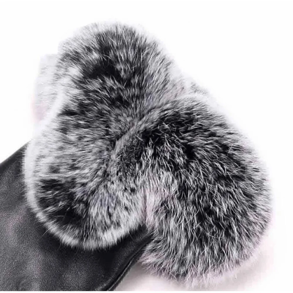 NWT Women's Winter Gloves Sz. M Black Faux Leather Fleece Lined Fur Cuff